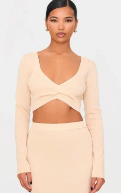 Oatmeal Soft Rib Knit Twist Front Long Sleeve Top