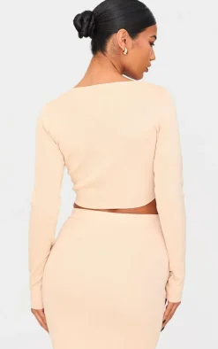 Oatmeal Soft Rib Knit Twist Front Long Sleeve Top