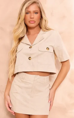 Oatmeal Structured Linen Look Tailored Mini Skirt