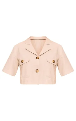 Oatmeal Structured Linen Look Cropped Shirt