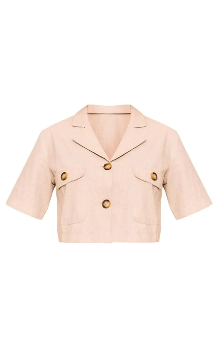 Oatmeal Structured Linen Look Cropped Shirt