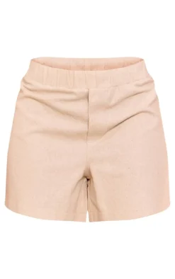 Oatmeal Structured Linen Look Elasticated Waist Shorts