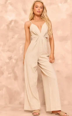 Oatmeal Structured Linen Twist Detail Strappy Wide Leg Jumpsuit
