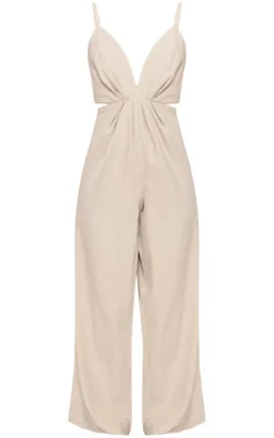 Oatmeal Structured Linen Twist Detail Strappy Wide Leg Jumpsuit