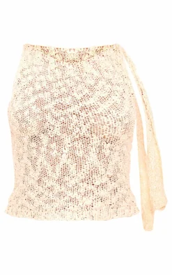 Oatmeal Textured Crochet Knit Tie Neck Top