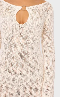 Oatmeal Textured Crochet Knit Long Sleeve Maxi Dress
