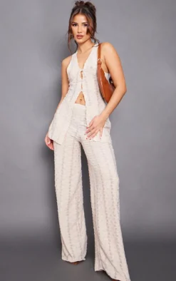 Oatmeal Textured Rib Mid Rise Split Hem Wide Leg Pants