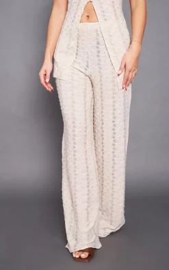 Oatmeal Textured Rib Mid Rise Split Hem Wide Leg Pants
