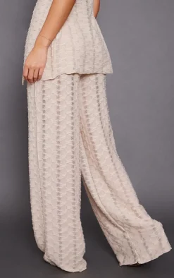 Oatmeal Textured Rib Mid Rise Split Hem Wide Leg Pants