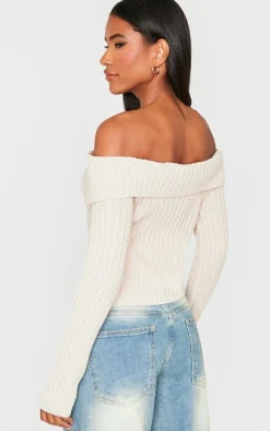 Oatmeal Thick Rib Bardot Foldover Button Up Top