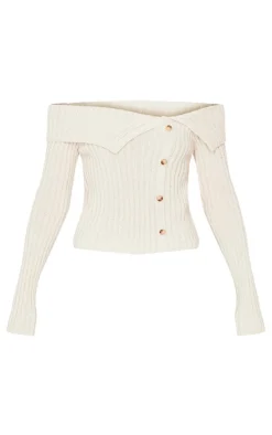 Oatmeal Thick Rib Bardot Foldover Button Up Top