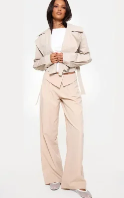 Oatmeal Turnover Waistband Detail Wide Leg Tailored Pants