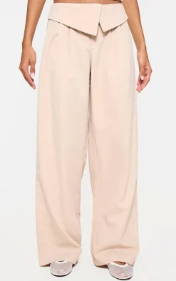 Oatmeal Turnover Waistband Detail Wide Leg Tailored Pants