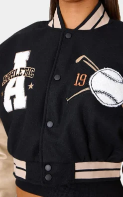 Oatmeal Wool Look Graphic Front Cropped Bomber Jacket