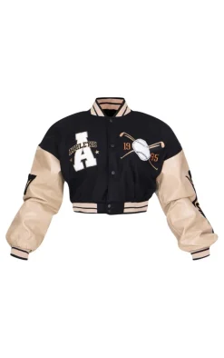 Oatmeal Wool Look Graphic Front Cropped Bomber Jacket