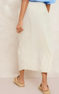 Off White Cotton Pinstripe Ruched Thigh Midi Skirt