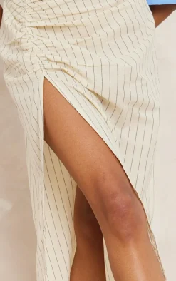 Off White Cotton Pinstripe Ruched Thigh Midi Skirt