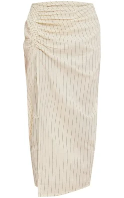Off White Cotton Pinstripe Ruched Thigh Midi Skirt