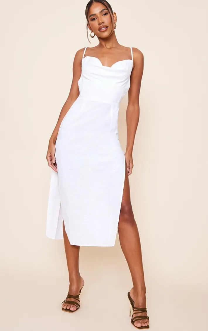 Off White Linen Cowl Neck Binding Detail Midaxi Dress
