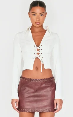 Off White Premium Woven Tie Front Shirt