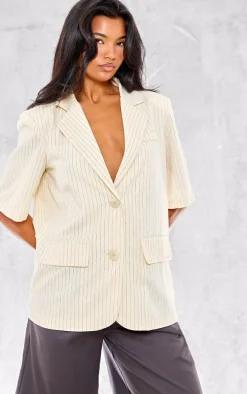 Off White Striped Short Sleeve Oversized Blazer