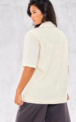 Off White Striped Short Sleeve Oversized Blazer