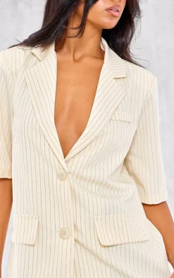 Off White Striped Short Sleeve Oversized Blazer