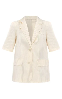 Off White Striped Short Sleeve Oversized Blazer