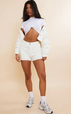 Off White Textured Denim Shorts