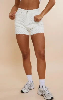 Off White Textured Denim Shorts