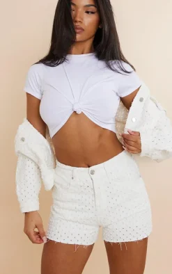 Off White Textured Denim Shorts