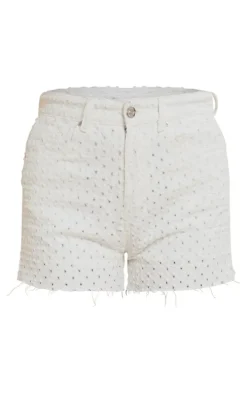 Off White Textured Denim Shorts