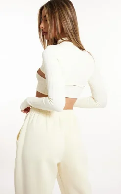 Off White Wide Snatched Rib High Neck Bind Detail Crop Top