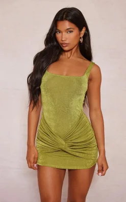 Olive Acetate Slinky Knot Twist Square Neck Bodycon Dress