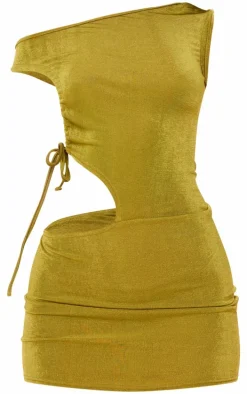 Olive Acetate Slinky One Shoulder Ruched Cut Out Bodycon Dress