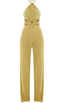 Olive Acetate Slinky Ring Detail Cut Out Halter Jumpsuit