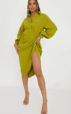 Olive Balloon Sleeve Gathered Skirt Midi Shirt Dress
