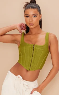 Olive Bandage Hook And Eye Structured Detail Dip Hem Corset