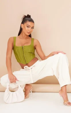 Olive Bandage Hook And Eye Structured Detail Dip Hem Corset