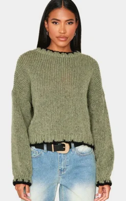 Olive Blanket Stitch Oversized Knit Sweater