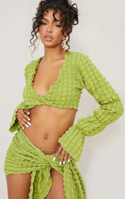 Olive Bubble Textured Long Sleeve Beach Top