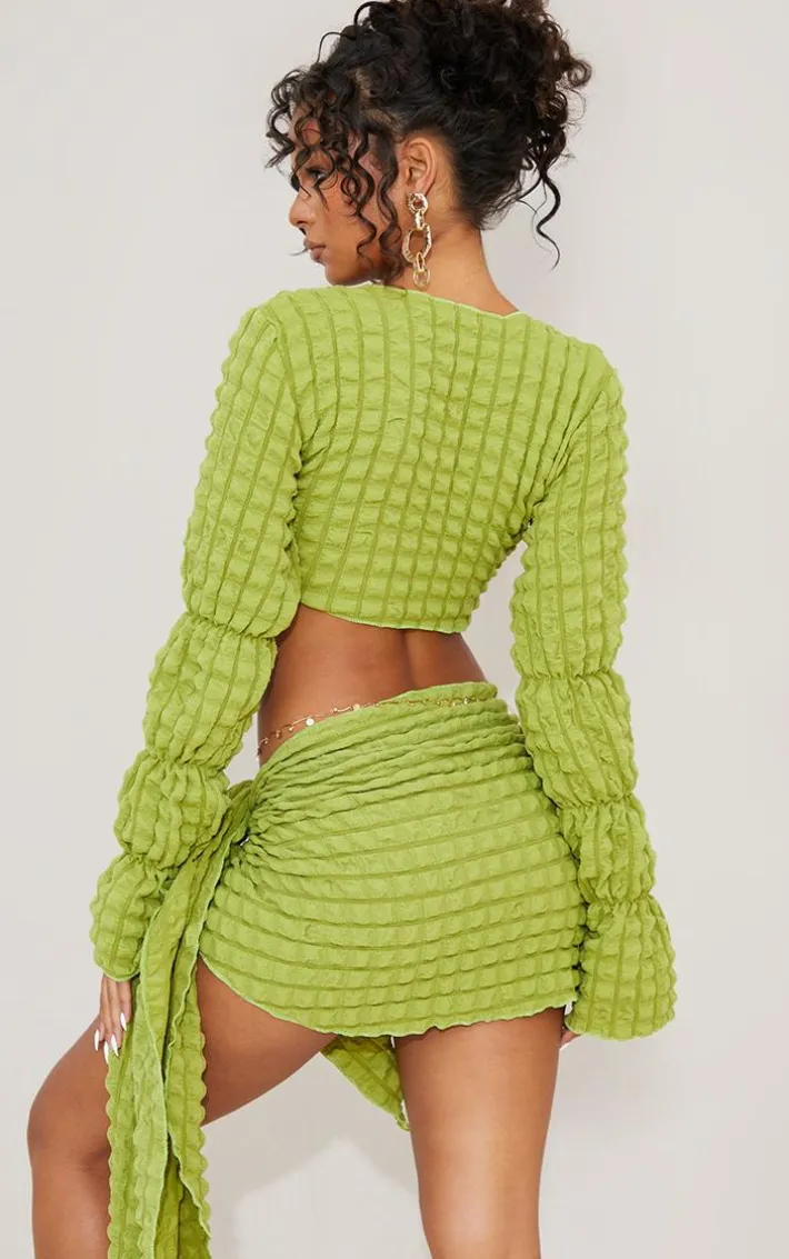 Olive Bubble Textured Long Sleeve Beach Top