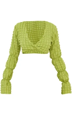 Olive Bubble Textured Long Sleeve Beach Top