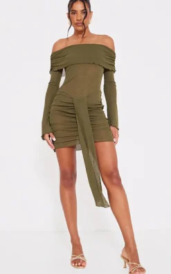 Olive Burnout Mesh Long Sleeve Bardot Ruched Bodycon Dress