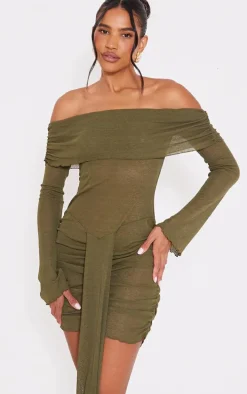 Olive Burnout Mesh Long Sleeve Bardot Ruched Bodycon Dress