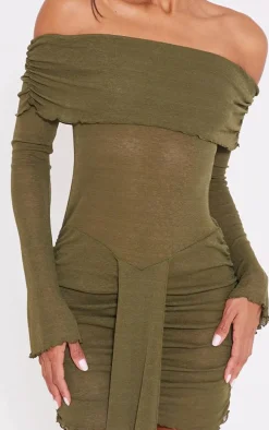 Olive Burnout Mesh Long Sleeve Bardot Ruched Bodycon Dress