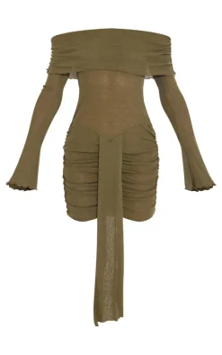 Olive Burnout Mesh Long Sleeve Bardot Ruched Bodycon Dress