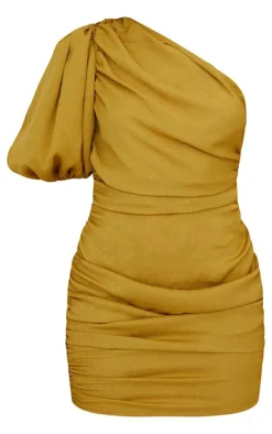 Olive Chiffon One Shoulder Puff Sleeve Bodycon Dress