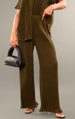 Olive Chiffon Plisse Oversized Wide Leg Pants