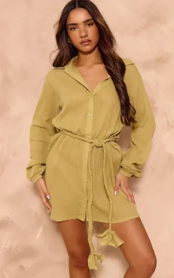 Olive Cotton Crepe Tie Waist Shift Dress